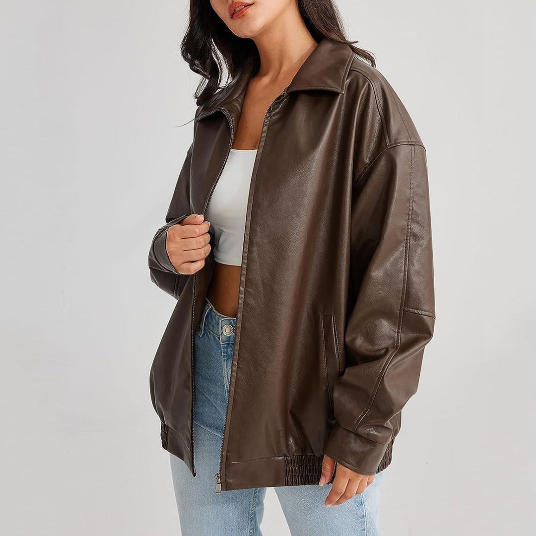 Rue | Women's Classic Oversized Leather Zip-Up Bomber Jacket