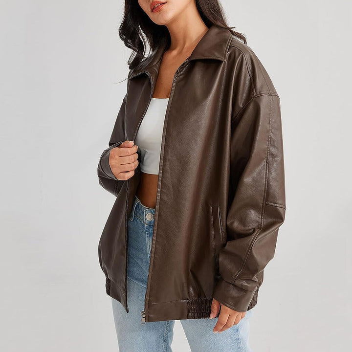 Rue | Women's Classic Oversized Leather Zip-Up Bomber Jacket