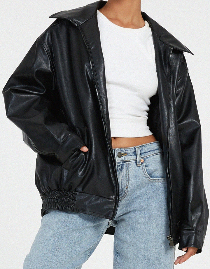 Juno | Women's Baggy Faux Leather Bomber Jacket
