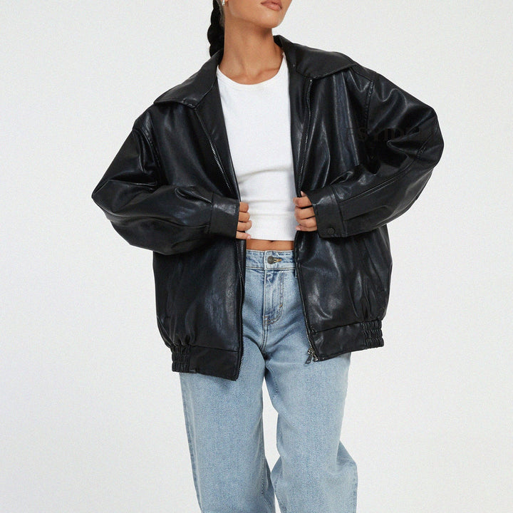 Rue | Women's Classic Oversized Leather Zip-Up Bomber Jacket