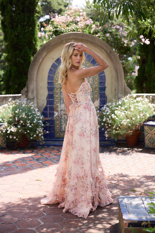 Julianna | Women's Halter Corset Gown with Pearls and Ruffle Hem
