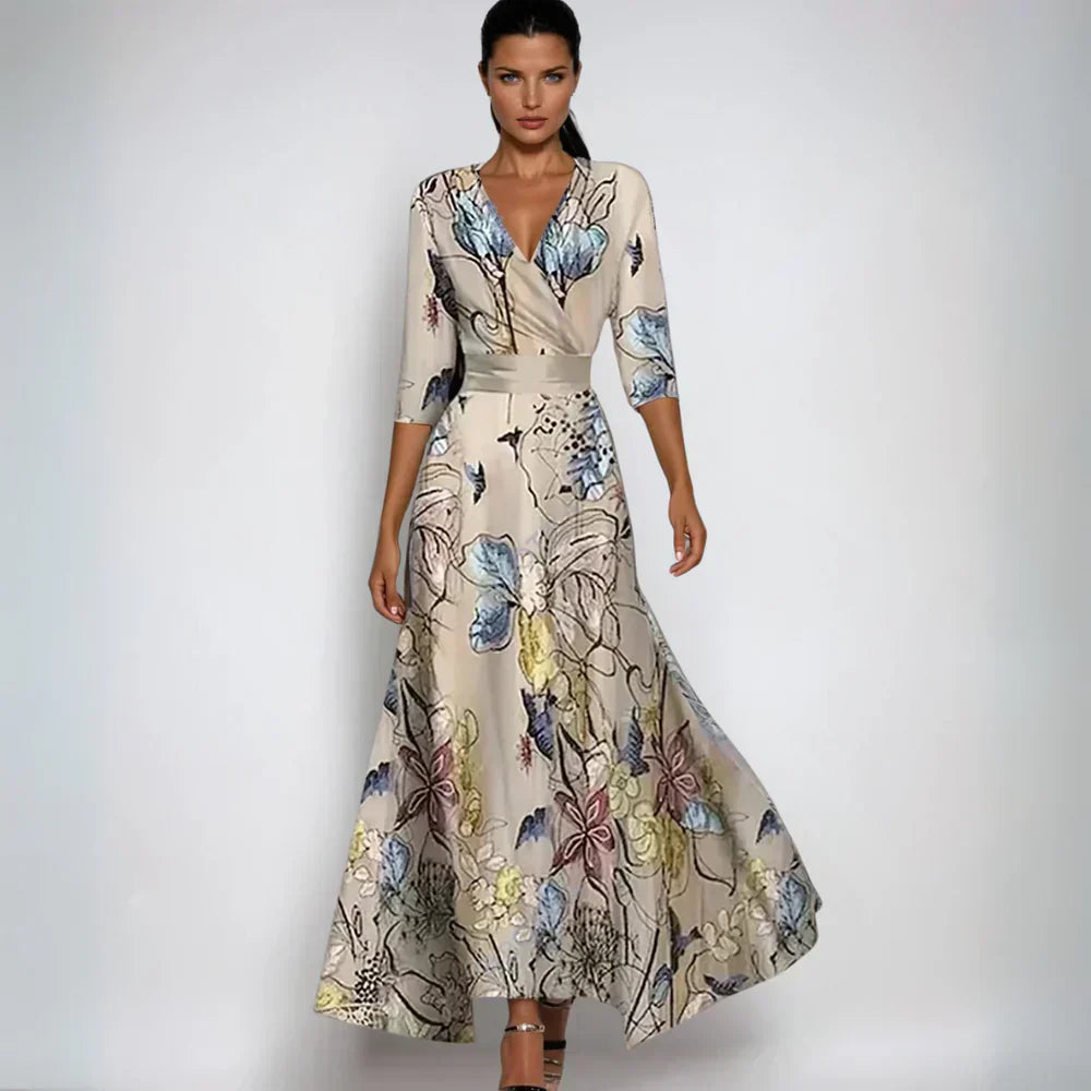 Ariella | Women's Floral Print V-Neck Wrap Maxi Dress with 3/4 Sleeves
