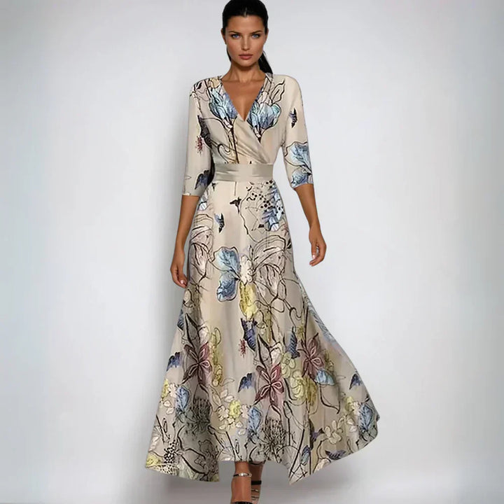 Ariella | Women's Floral Print V-Neck Wrap Maxi Dress with 3/4 Sleeves
