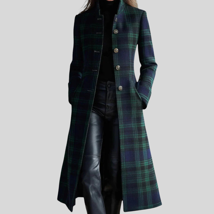 Charlotte | Women’s Long Plaid Wool Coat with High Collar