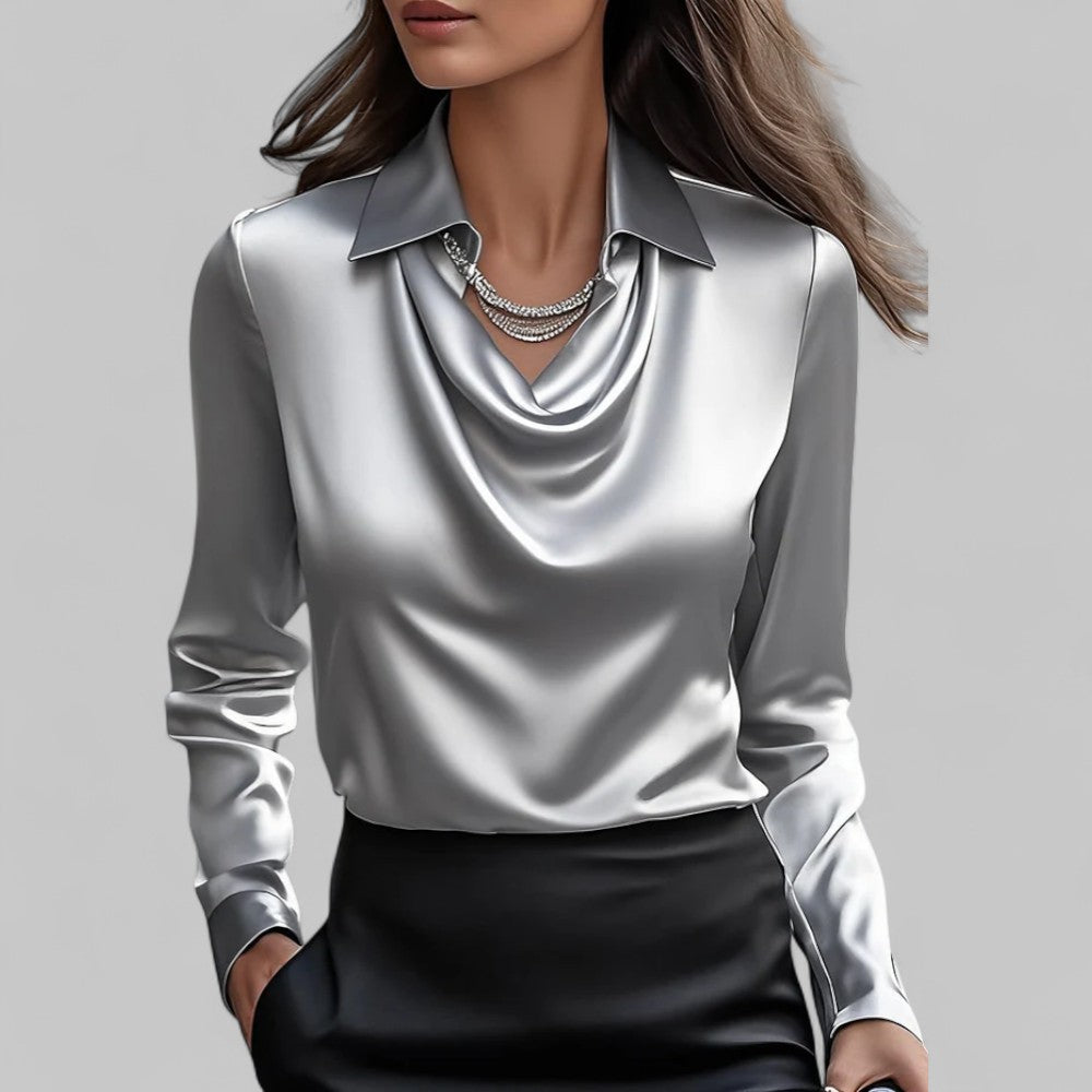 Eleanor | Women’s Cowl Neck Long Sleeves Satin Pullover Blouse