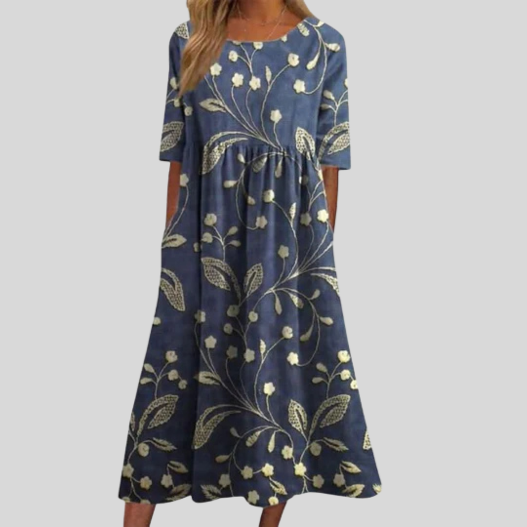 Catie | Women's Floral Print Empire Waist Midi Dress with Pockets