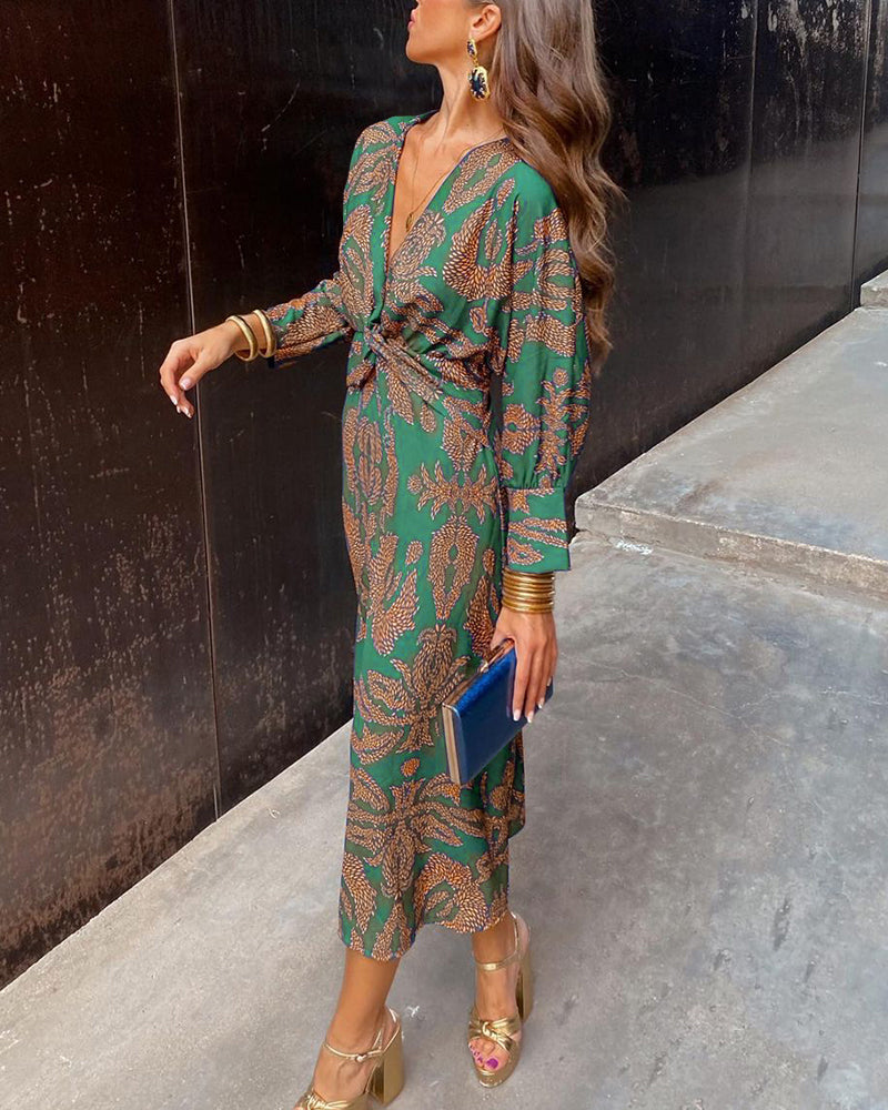 Anya | Women's Elegant V-Neck Long Sleeve Midi Dress