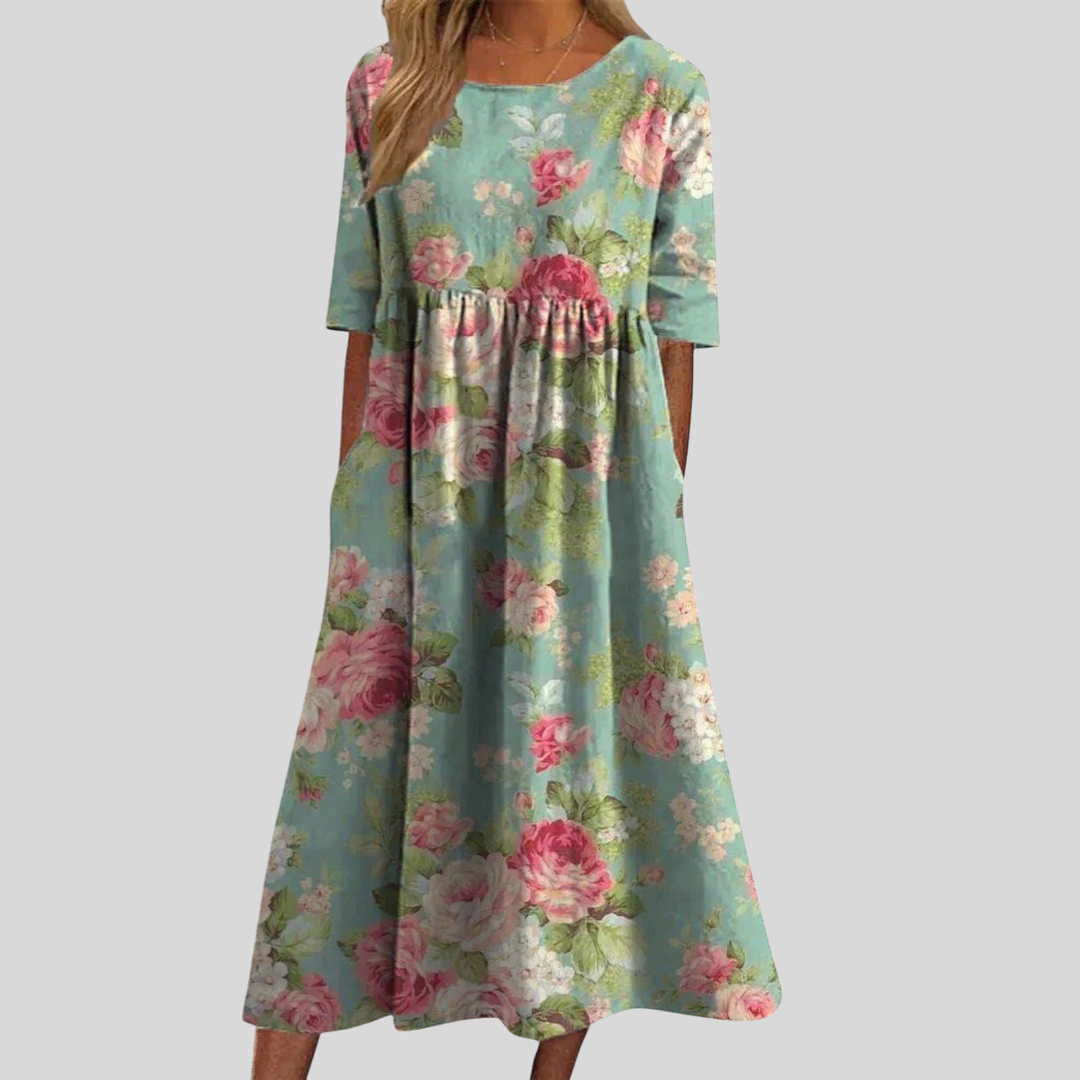 Catie | Women's Floral Print Empire Waist Midi Dress with Pockets