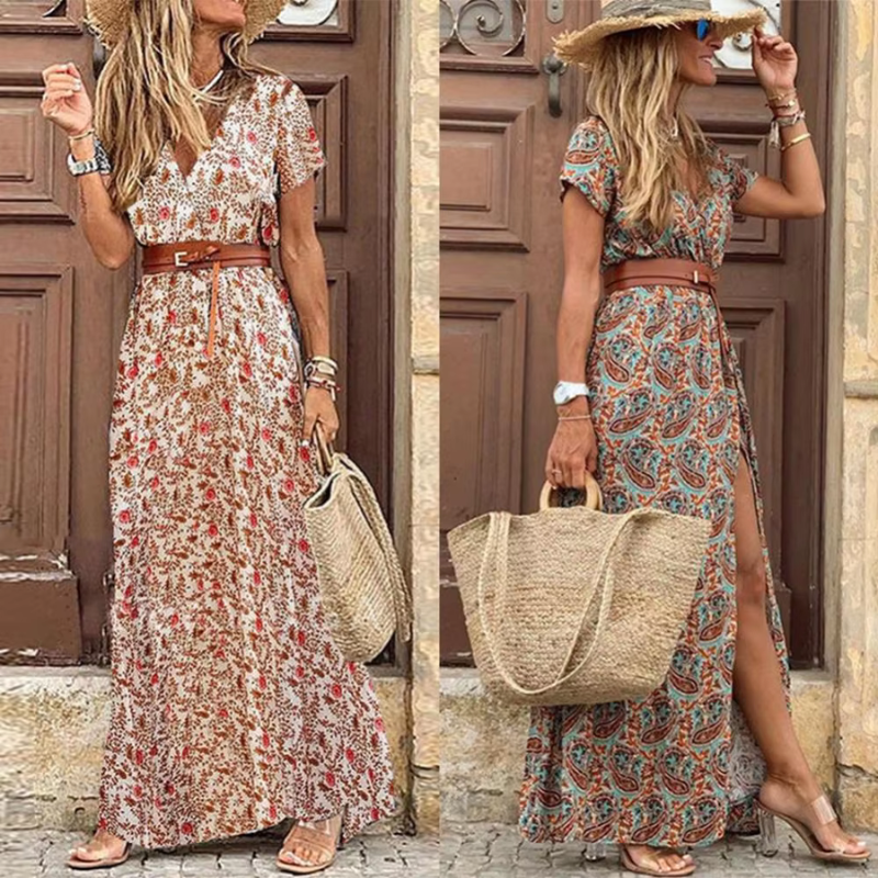 Brianna | Women's V Neck Floral Maxi Dress with Belt