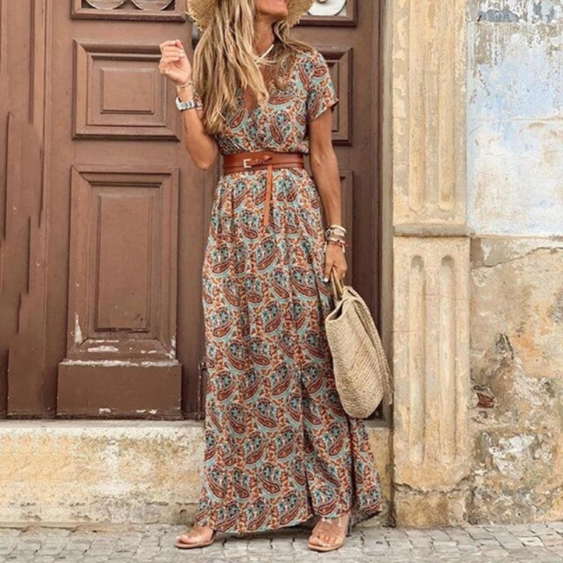 Brianna | Women's V Neck Floral Maxi Dress with Belt