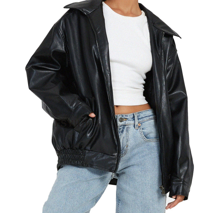Rue | Women's Classic Oversized Leather Zip-Up Bomber Jacket
