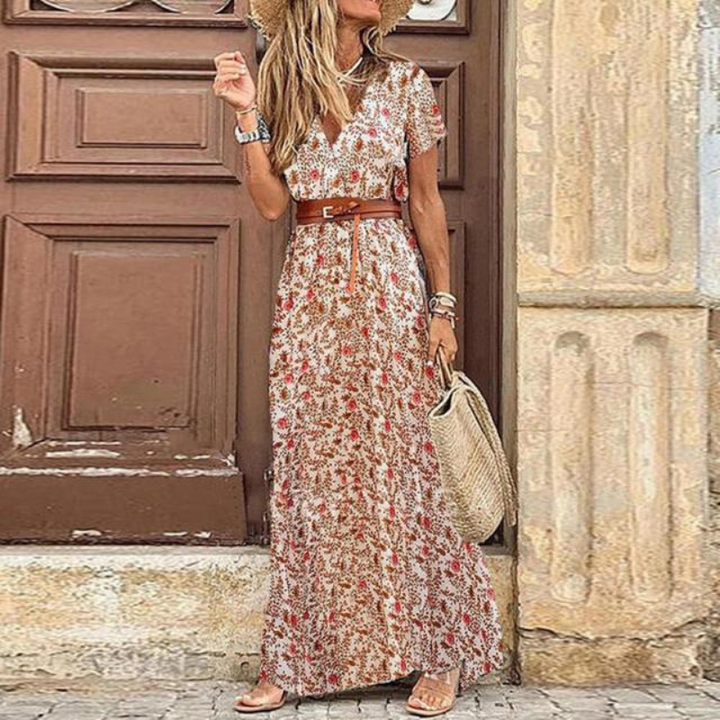 Brianna | Women's V Neck Floral Maxi Dress with Belt