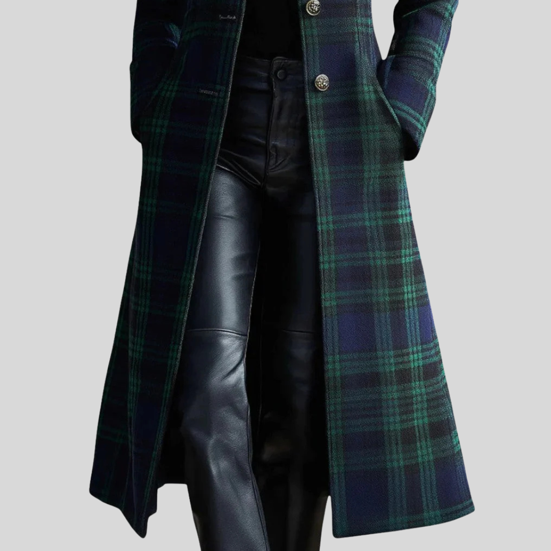 Charlotte | Women’s Long Plaid Wool Coat with High Collar