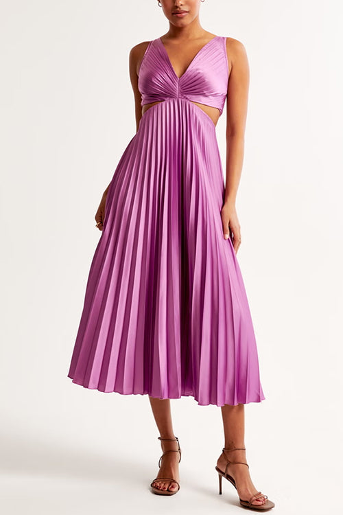 Bridget | Women's Satin V Neck Midi Dress with Side Cutouts