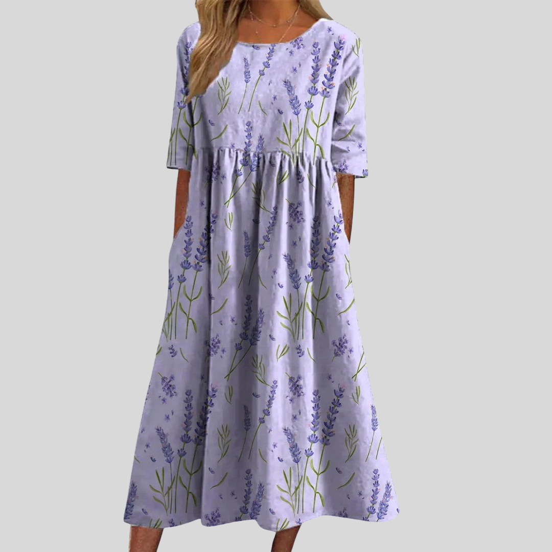 Catie | Women's Floral Print Empire Waist Midi Dress with Pockets