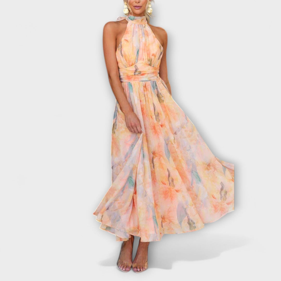 Peachy | Women's Elegant Floral Halter Neck Maxi Dres