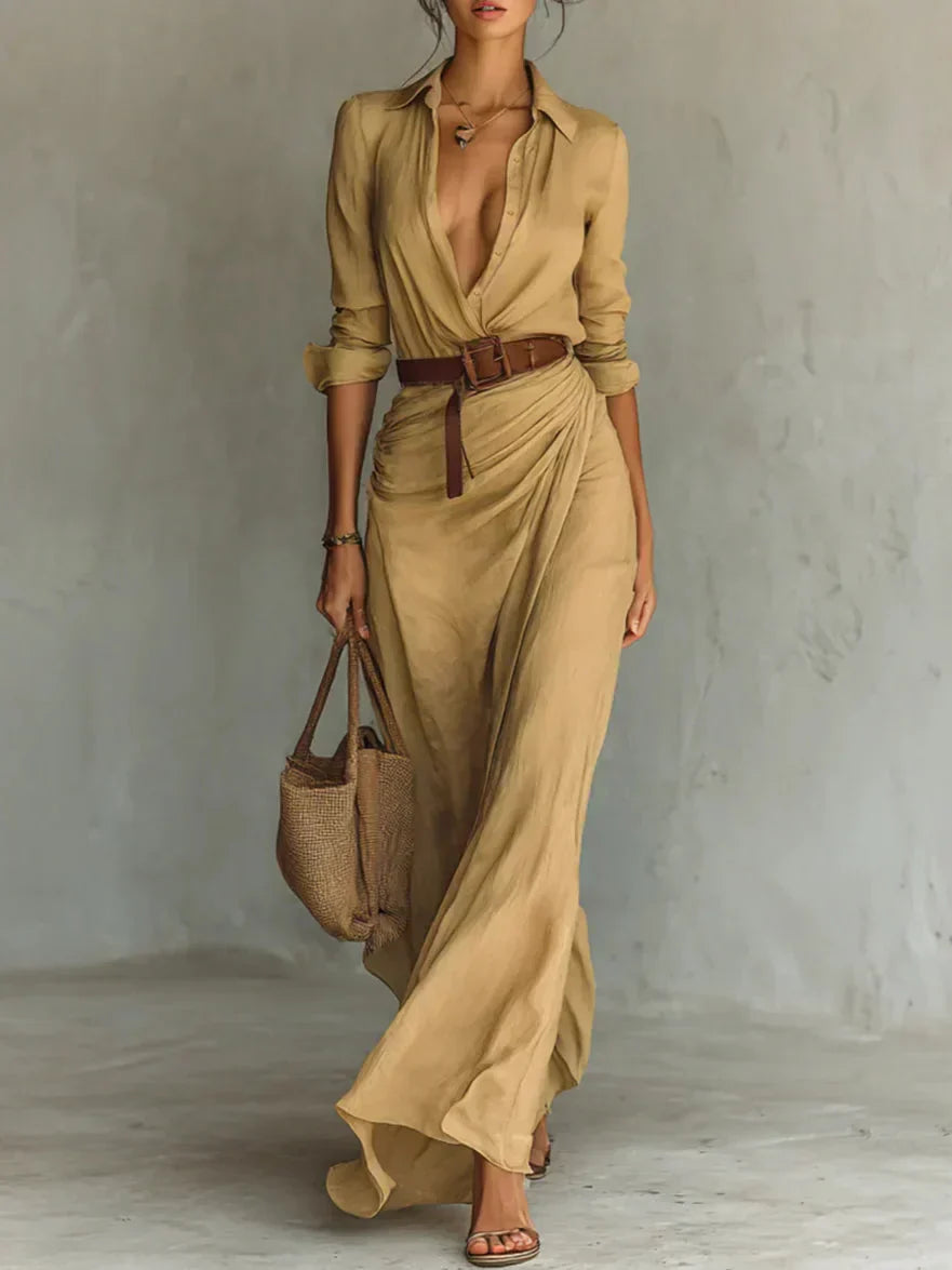 Nancy | Women's Long Sleeve Belted Shirt Collar Dress