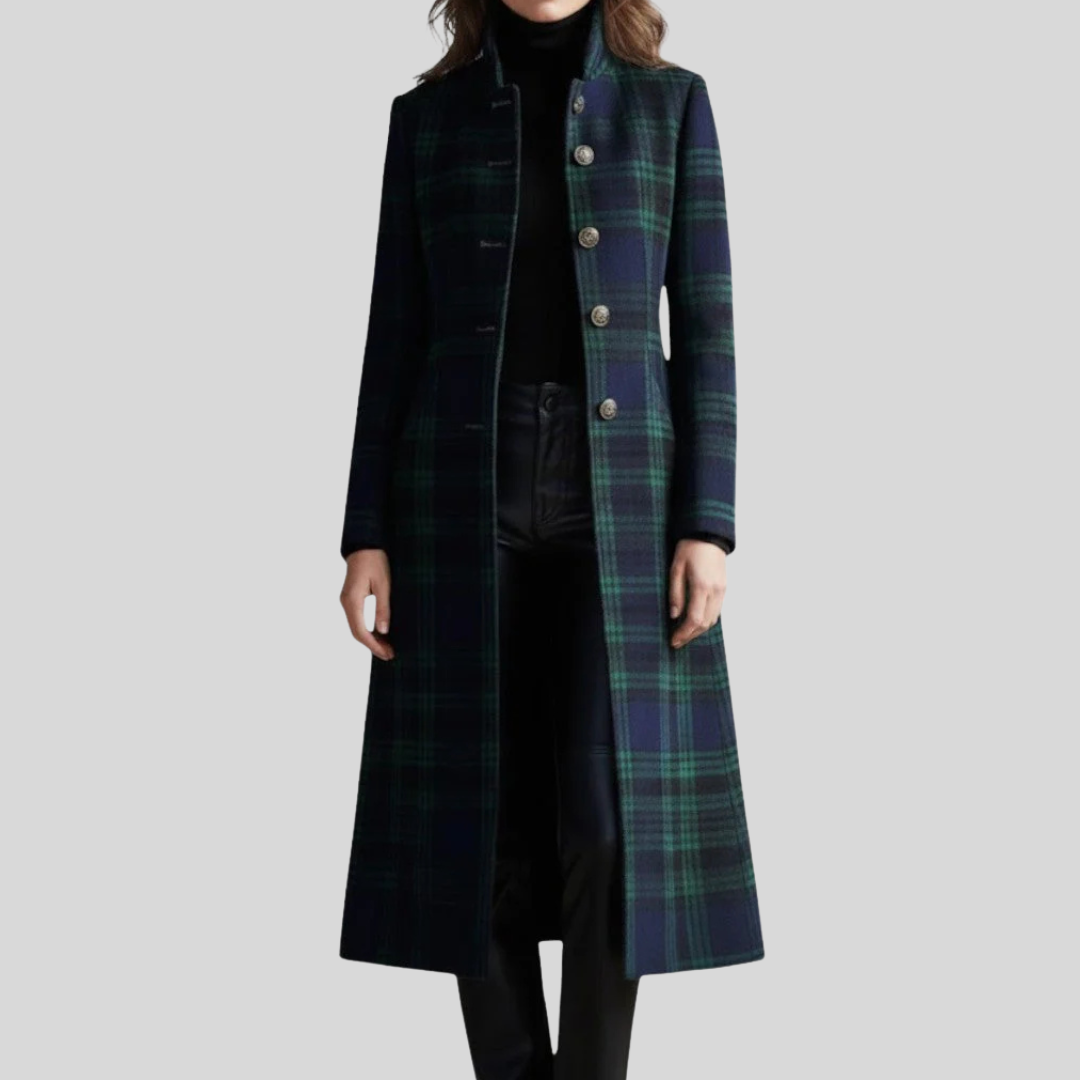 Charlotte | Women’s Long Plaid Wool Coat with High Collar