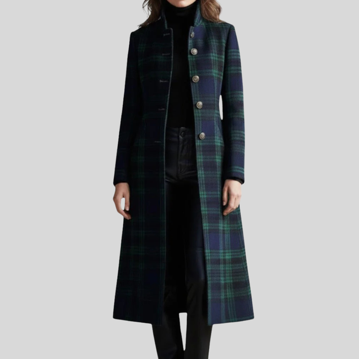 Charlotte | Women’s Long Plaid Wool Coat with High Collar