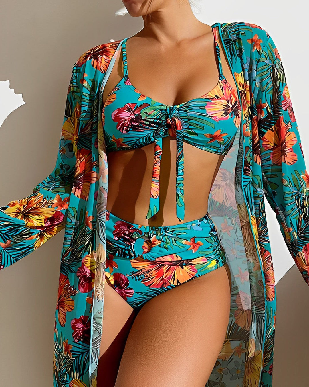 Ciara | Women's Floral High Waisted Bikini Set with Sheer Cover Up
