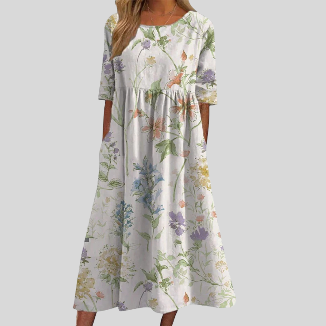 Catie | Women's Floral Print Empire Waist Midi Dress with Pockets