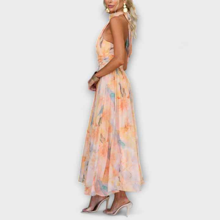 Peachy | Women's Elegant Floral Halter Neck Maxi Dres