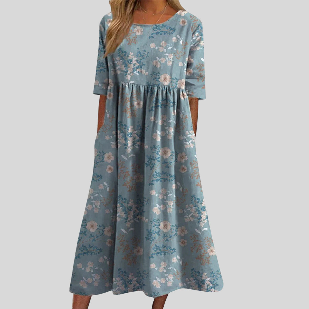 Catie | Women's Floral Print Empire Waist Midi Dress with Pockets