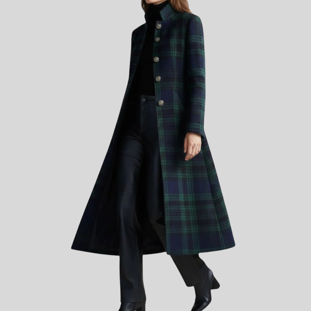 Charlotte | Women’s Long Plaid Wool Coat with High Collar