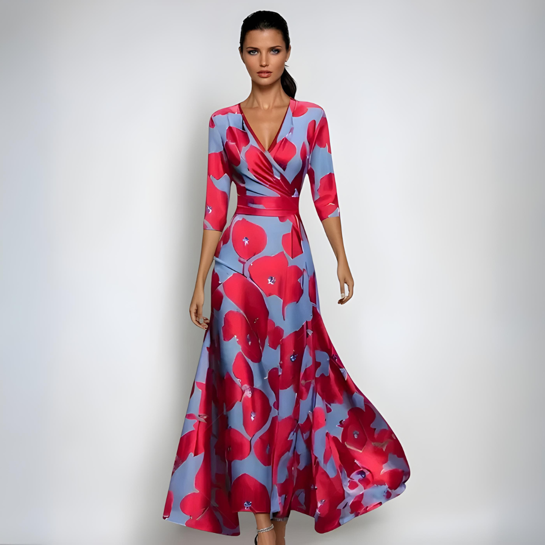 Ariella | Women's Floral Print V-Neck Wrap Maxi Dress with 3/4 Sleeves