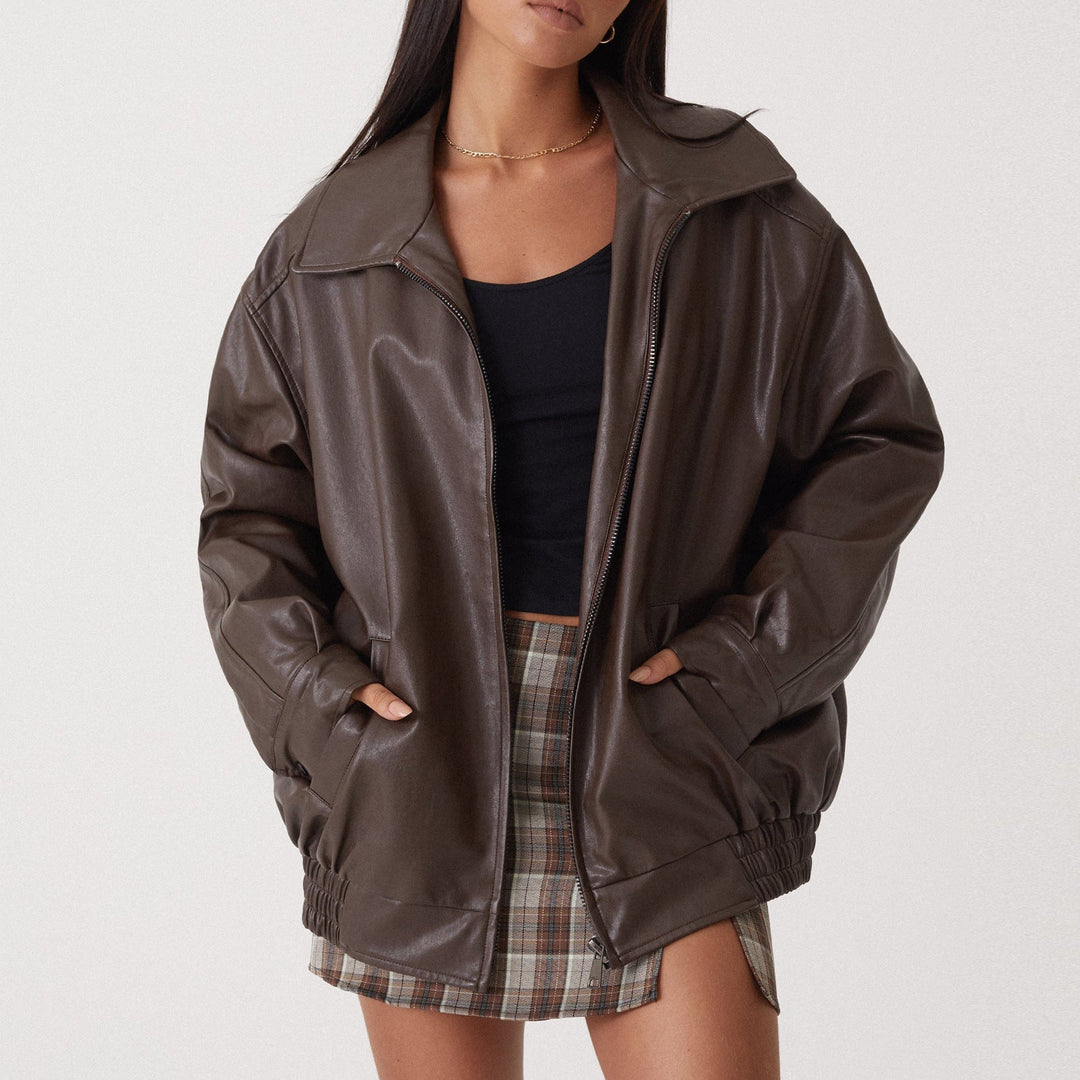 Rue | Women's Classic Oversized Leather Zip-Up Bomber Jacket