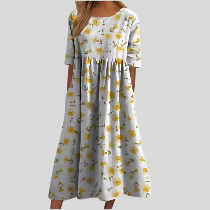 Catie | Women's Floral Print Empire Waist Midi Dress with Pockets