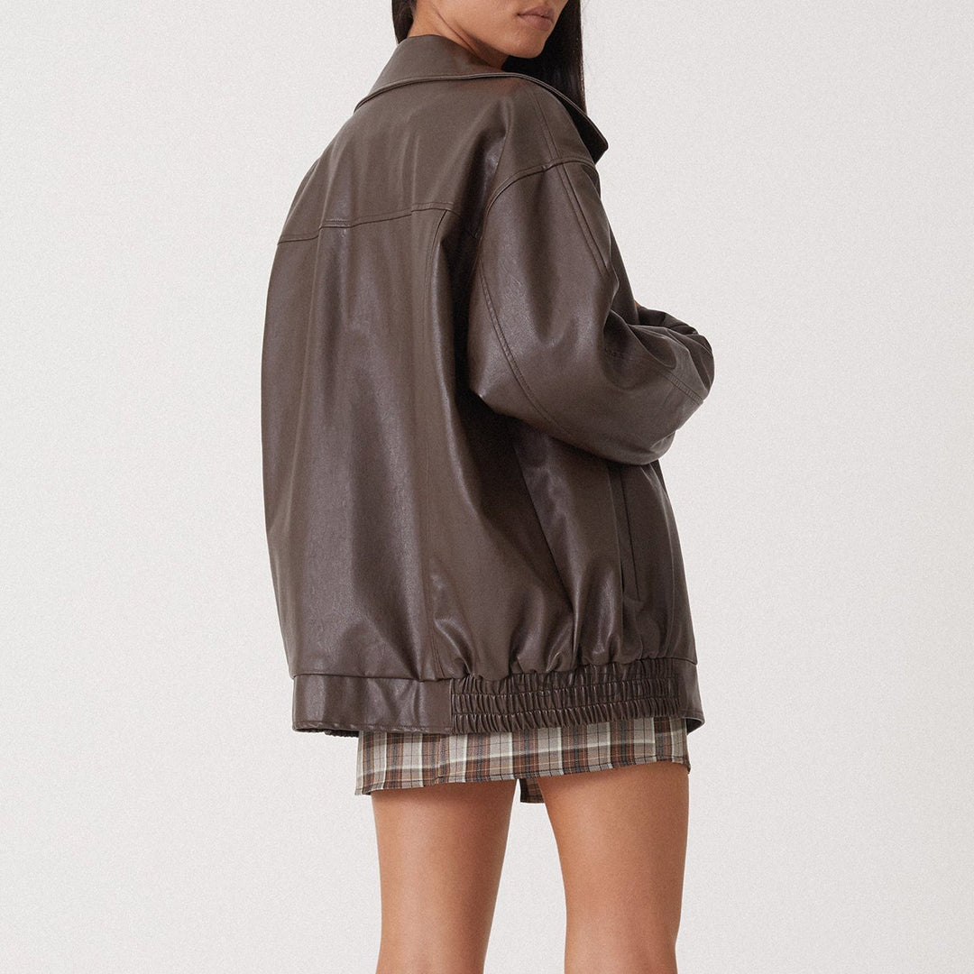 Rue | Women's Classic Oversized Leather Zip-Up Bomber Jacket