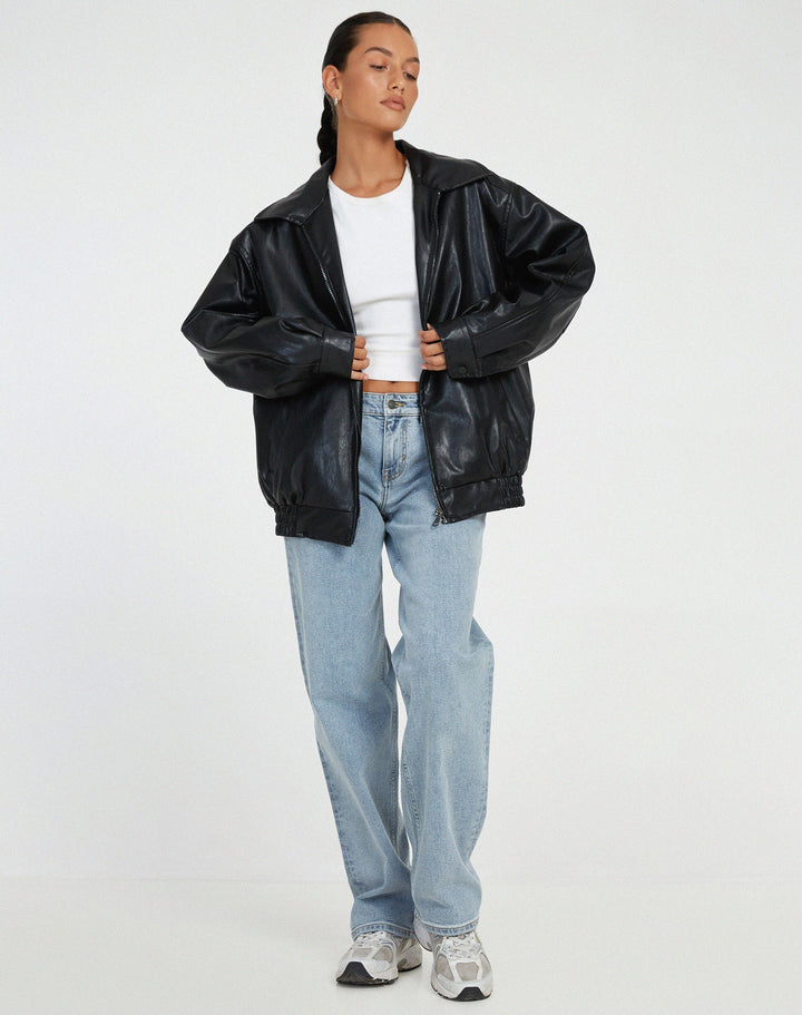 Juno | Women's Baggy Faux Leather Bomber Jacket