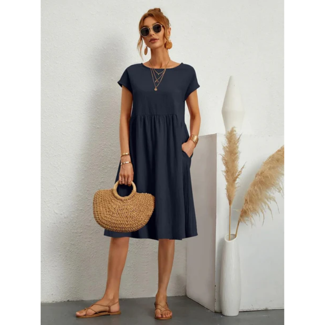 Kendra | Women's Chic Cap Sleeve A-Line Midi Dress with Pockets
