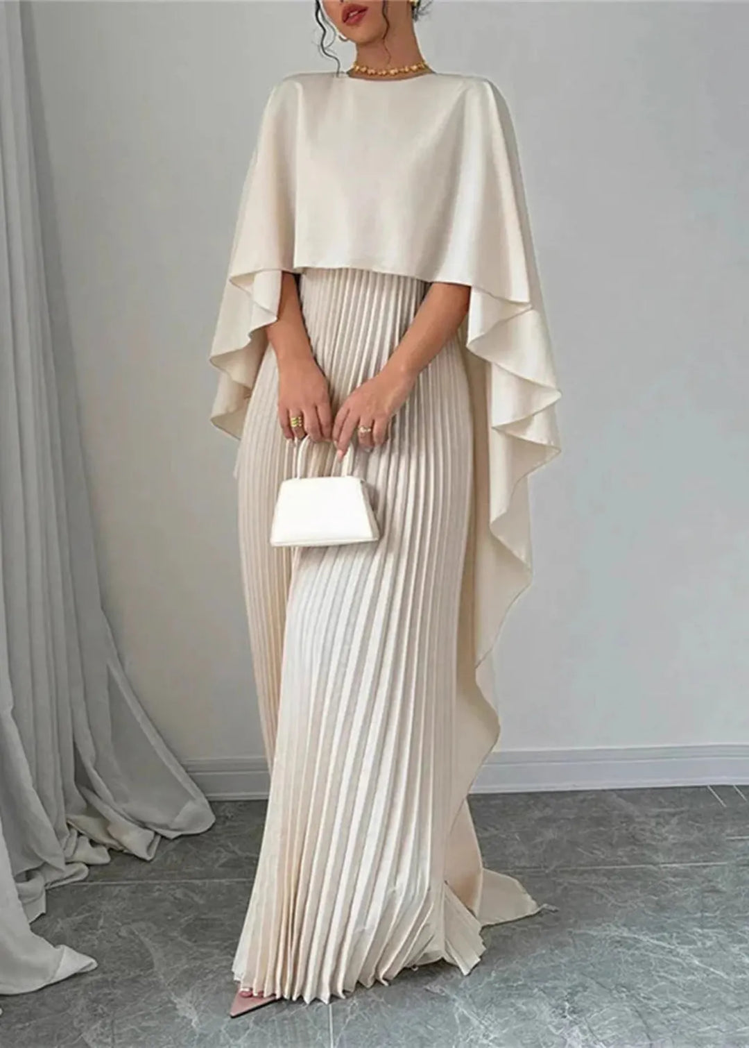 Genevieve | Women's Cape Sleeve Pleated Maxi Dress