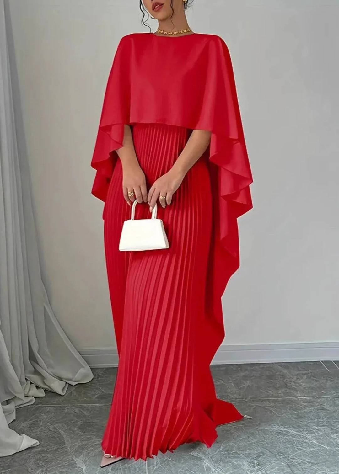 Genevieve | Women's Cape Sleeve Pleated Maxi Dress