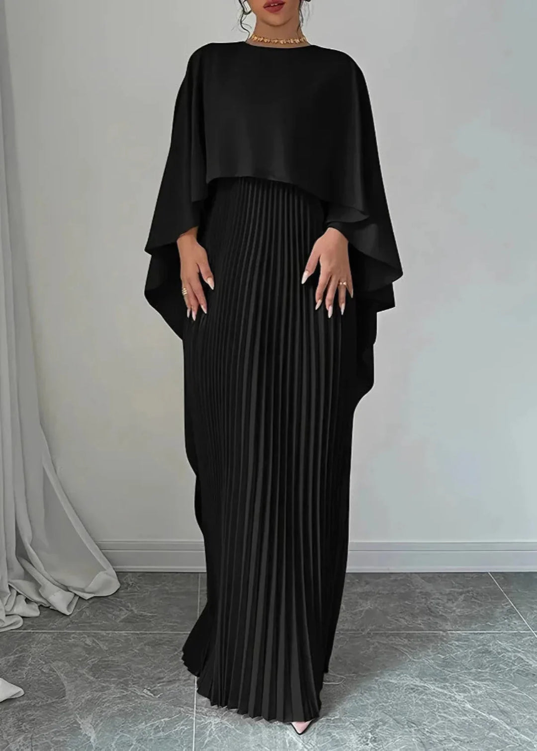 Genevieve | Women's Cape Sleeve Pleated Maxi Dress