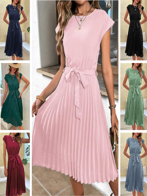 Kaye | Women's Pleated Midi A Line Dress with Tie Belt