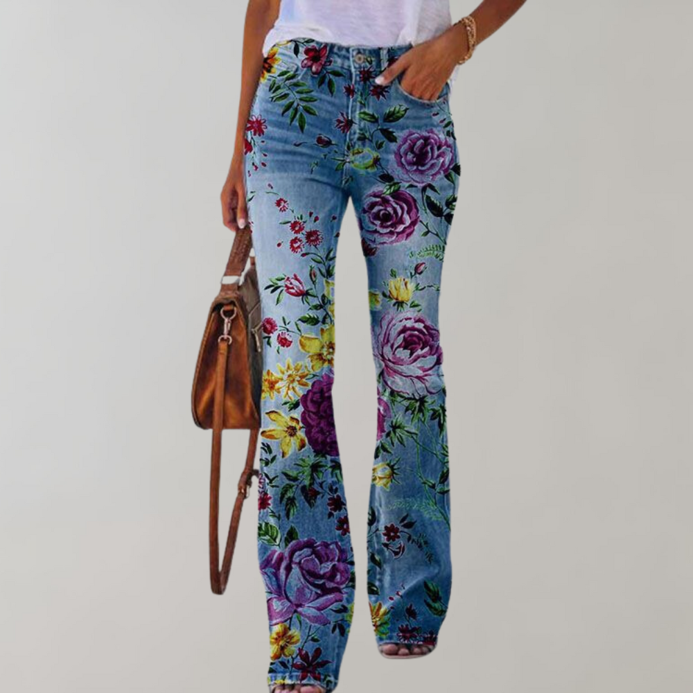 Dahlia | Women's Floral Stretch Flared Denim Pants