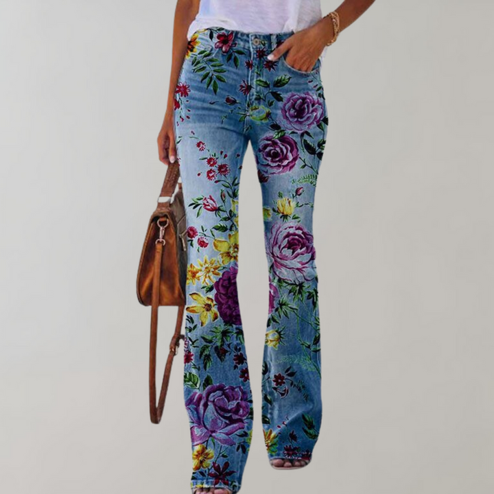 Dahlia | Women's Floral Stretch Flared Denim Pants