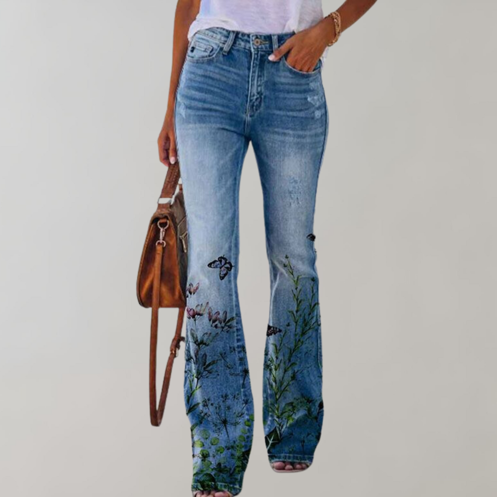 Dahlia | Women's Floral Stretch Flared Denim Pants