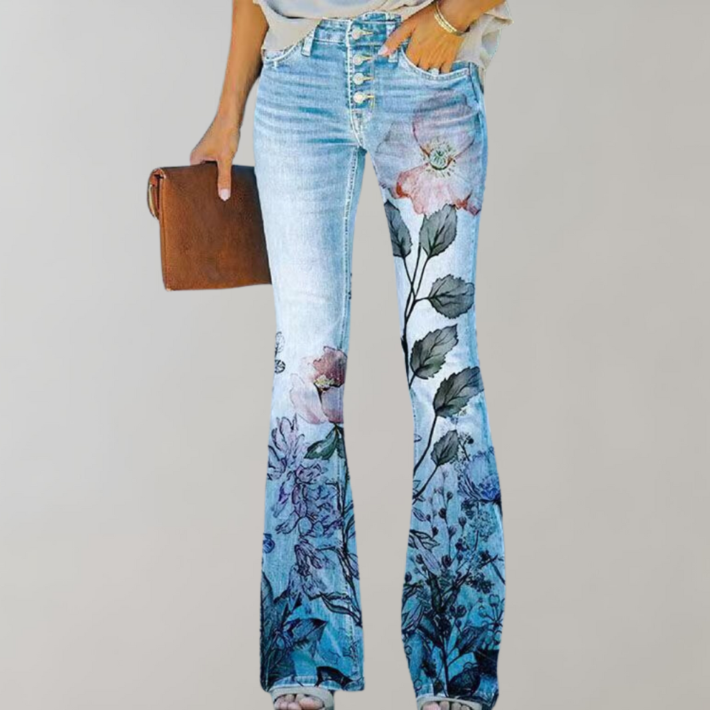 Dahlia | Women's Floral Stretch Flared Denim Pants