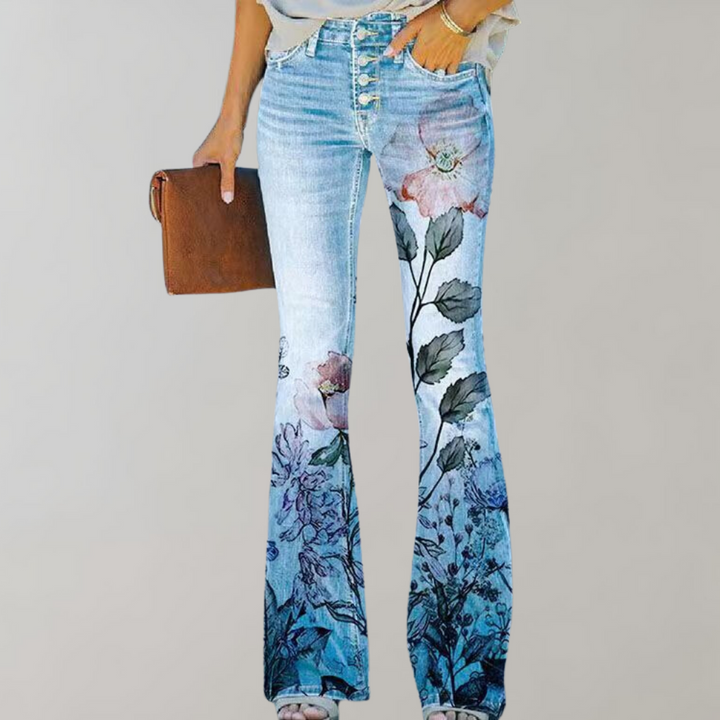 Dahlia | Women's Floral Stretch Flared Denim Pants