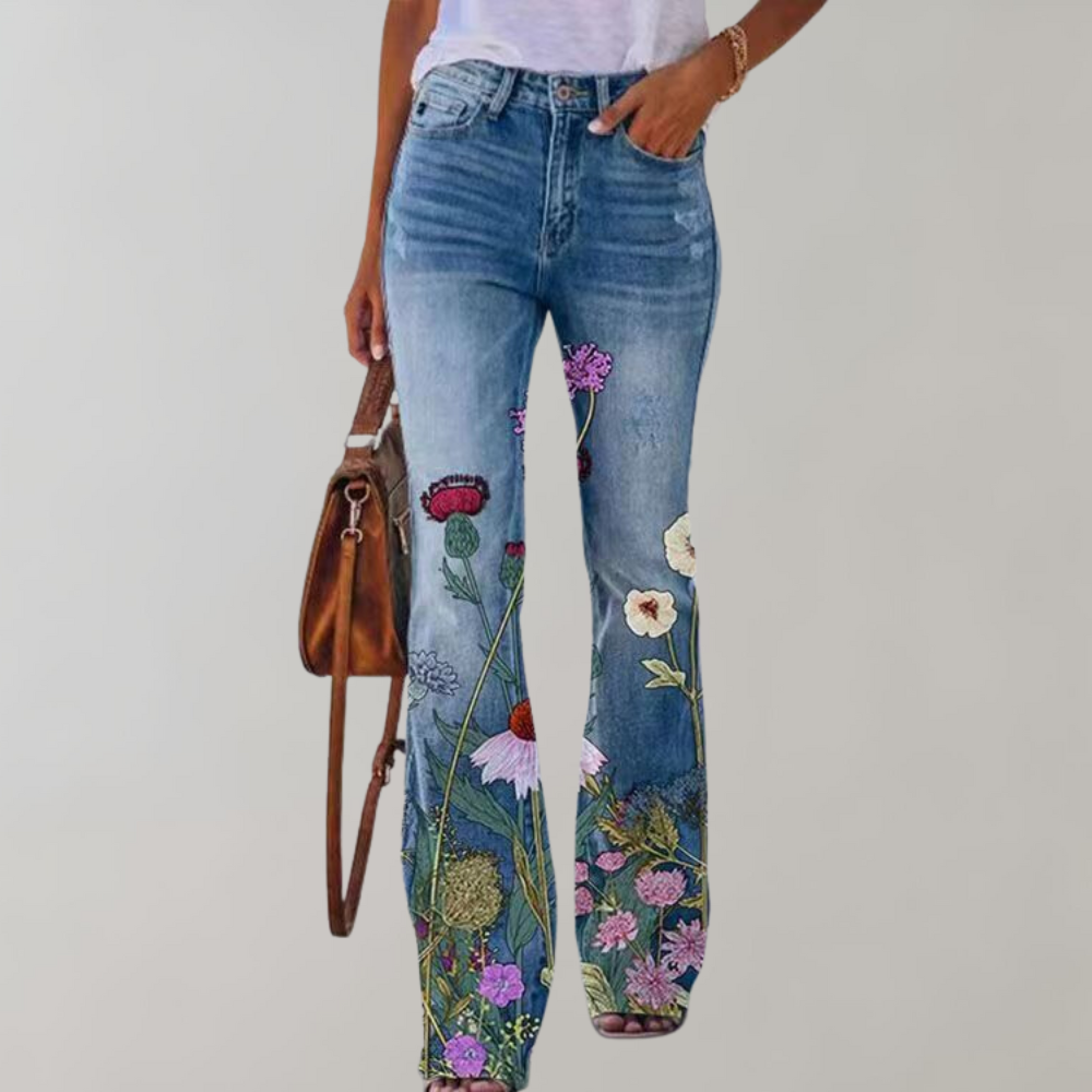 Dahlia | Women's Floral Stretch Flared Denim Pants