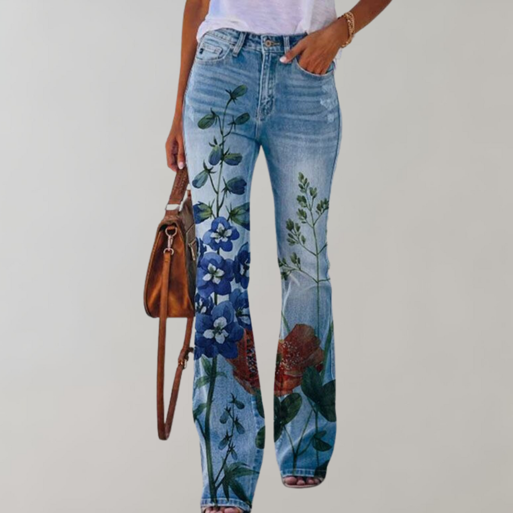 Dahlia | Women's Floral Stretch Flared Denim Pants