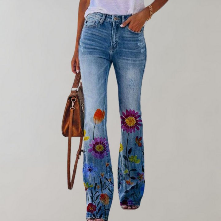 Dahlia | Women's Floral Stretch Flared Denim Pants