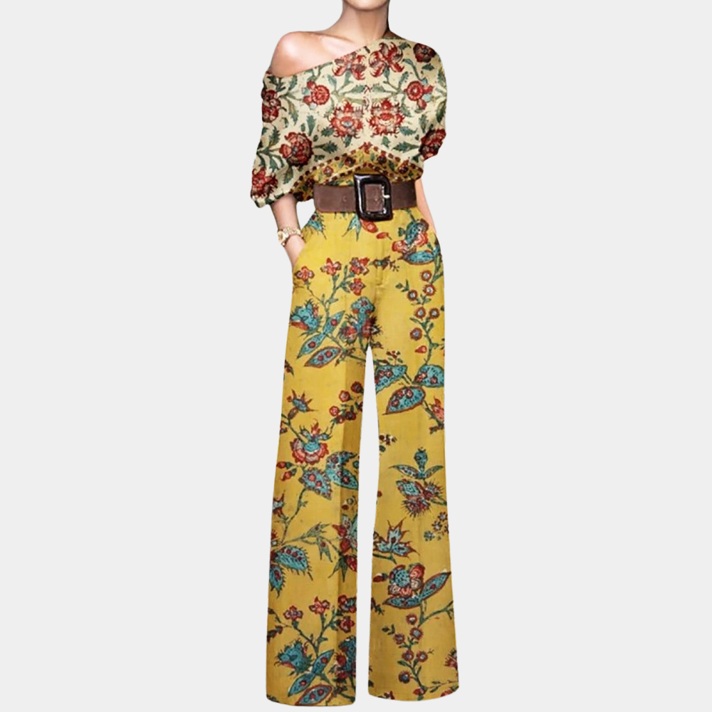 Titania | Women's One Shoulder Floral Wide Leg Jumpsuit with Belt
