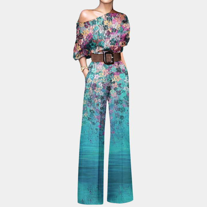 Titania | Women's One Shoulder Floral Wide Leg Jumpsuit with Belt