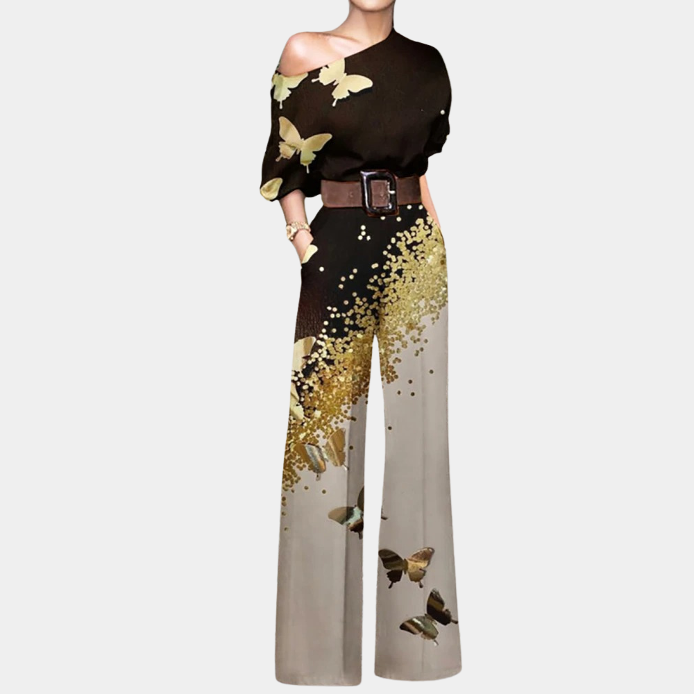 Titania | Women's One Shoulder Floral Wide Leg Jumpsuit with Belt
