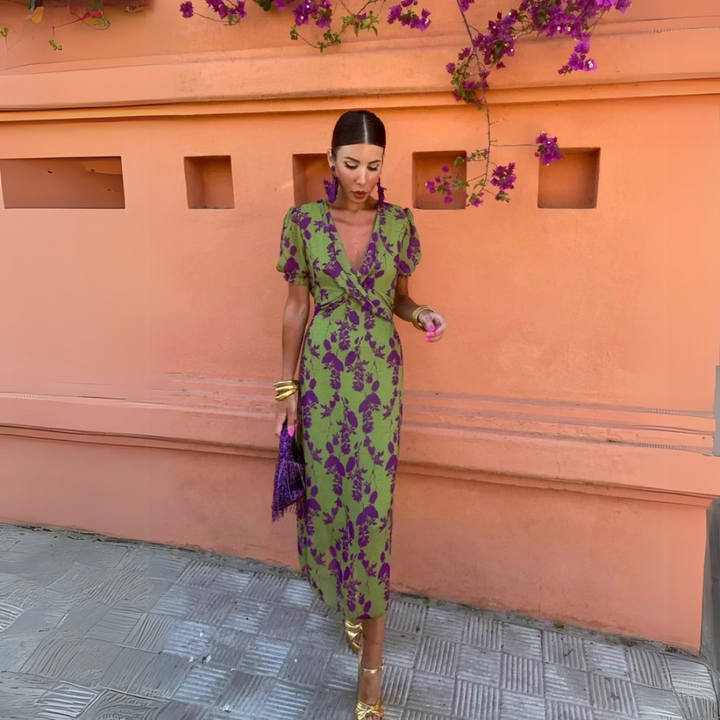 Muriel | Women's Puff Sleeves Floral Plunge V Neck Dress